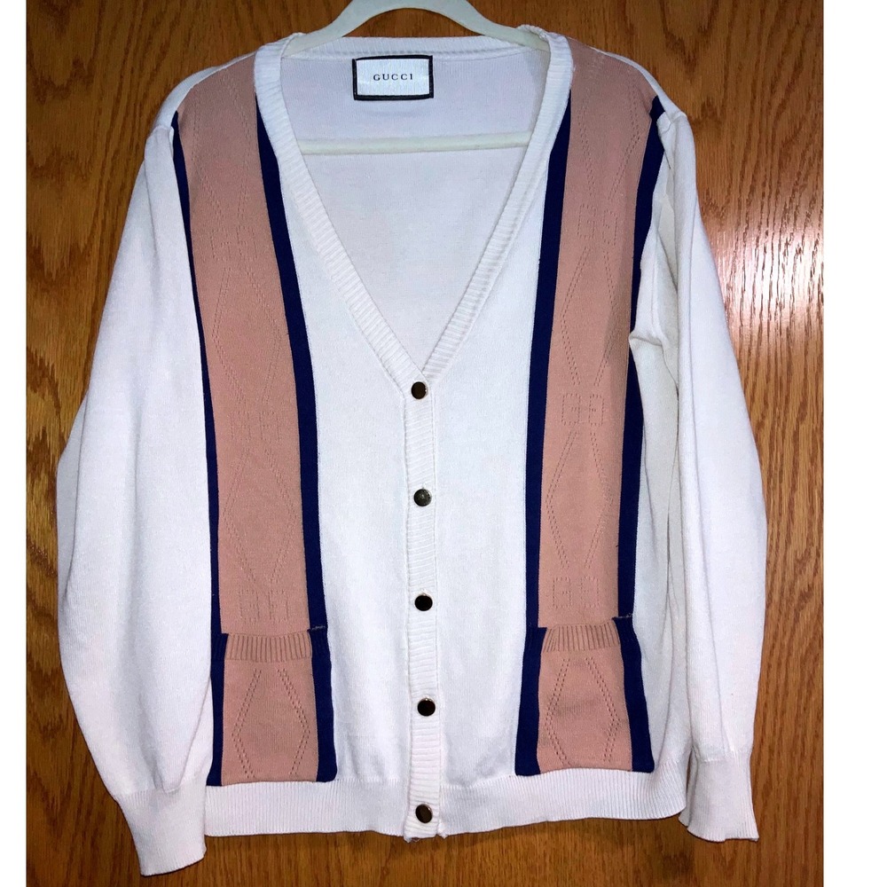 GUCCI Mens White Navy Tan Luxury Knit Cardigan Sweater V Neck Pockets Size S